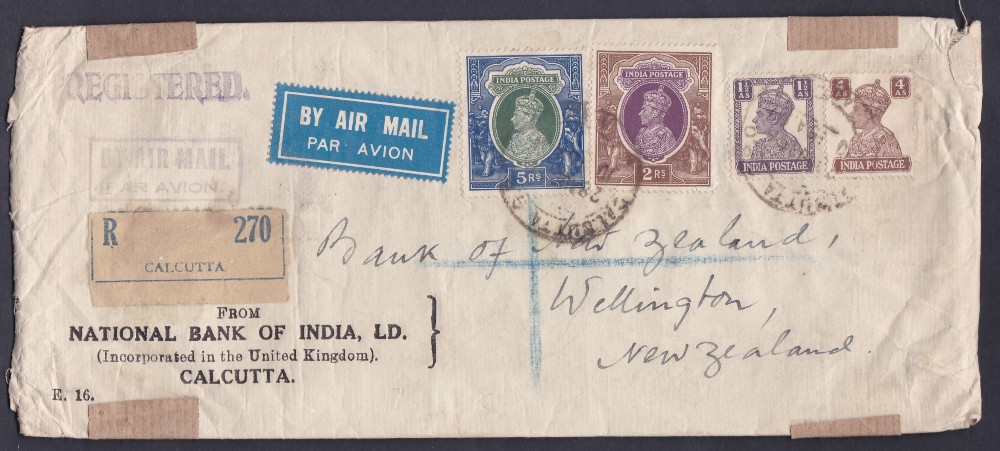 AIRMAIL : INDIA: registered airmail cover from Calcutta to Wellington New Zealand, franked with GVI