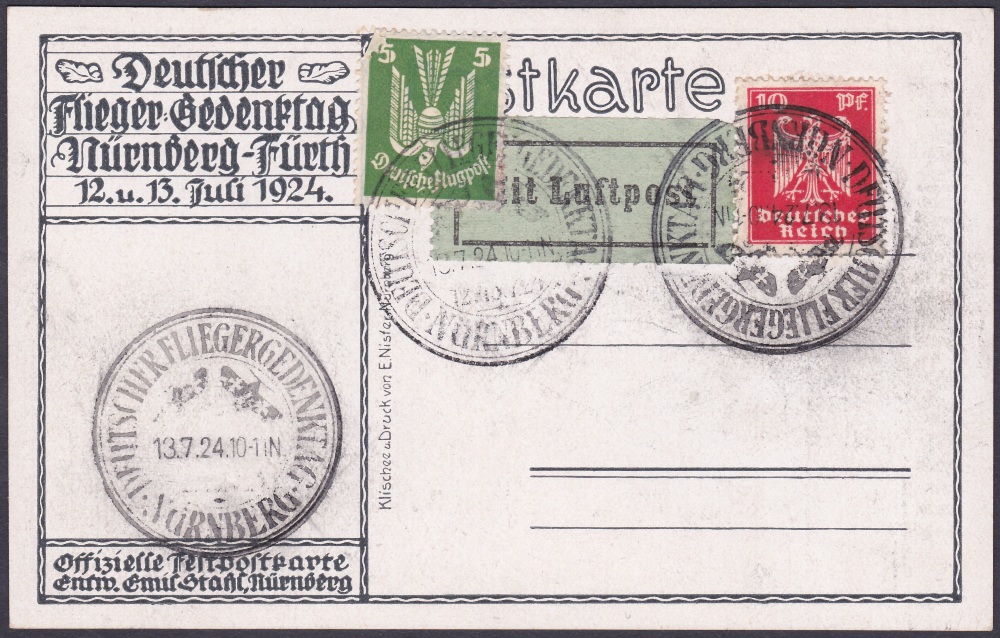 AIRMAIL : GERMANY: 1924 pictorial flight postcard used with a special cachet on a flight from