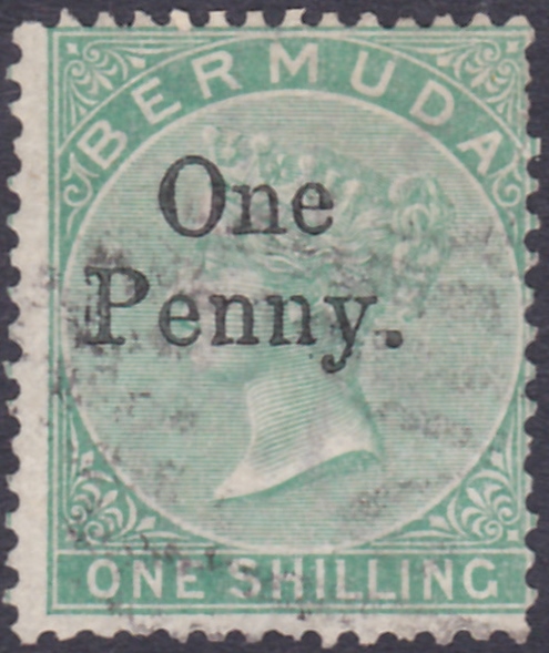 BERMUDA STAMPS : 1875 QV 1d on 1/- green fine used. Has a couple of short perfs, SG 17. Cat £250