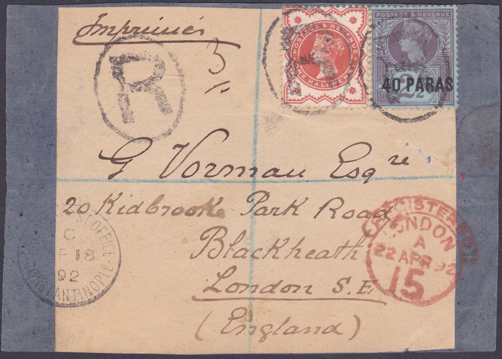 BRITISH LEVANT STAMPS : 1892 British Levant 2 1/2d used on parcel label to Blackheath London.