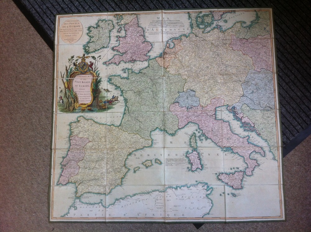 Large old colour map of Europe show all of the all postal routes and distances. Very unusual item,