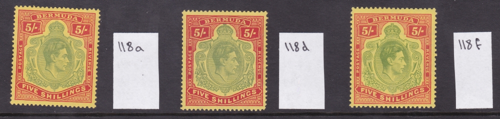 BERMUDA STAMPS : 1938-53 GVI 5/- shades, M/M, SG 118a, d (gum glaze) & f. Cat £510.