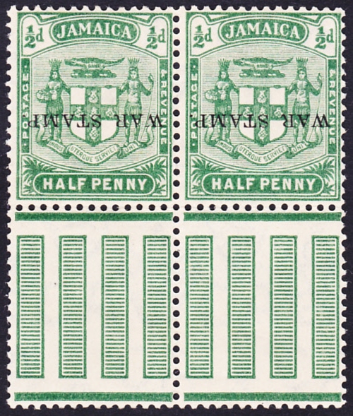 JAMAICA STAMPS : 1916 1/2d yellow green marginal pair both with "War Tax" inverted opt. M/M, light
