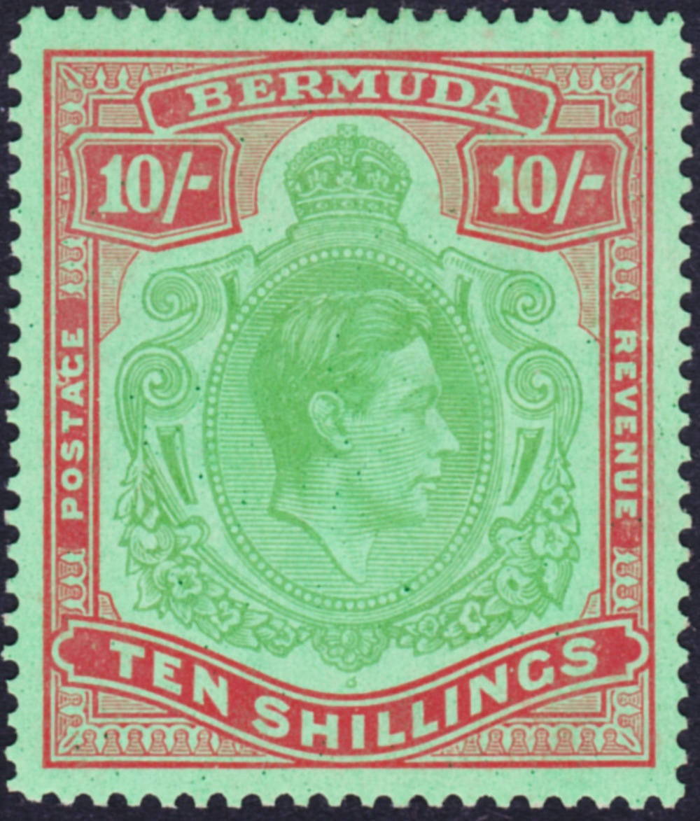 BERMUDA STAMPS : 1938-53 GVI 10/- yellow green & carmine/green, perf 14.25 line, SG 119b. Cat £