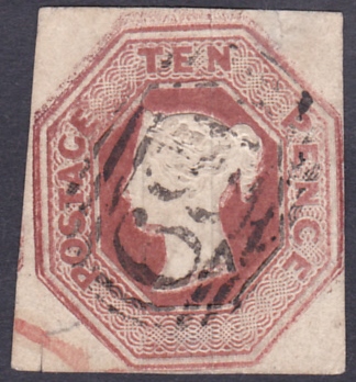 GREAT BRITAIN STAMPS : 1847 10d Embossed, four square margins but with faults. SG 57, cat £1500.