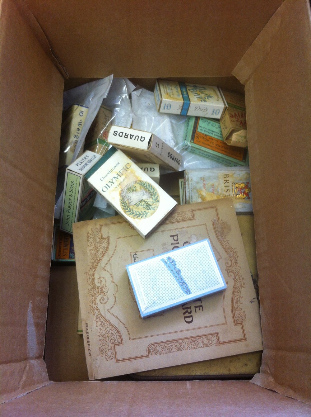 Box of old original cigarette cards mainly part sets but a few apparently complete, many housed in