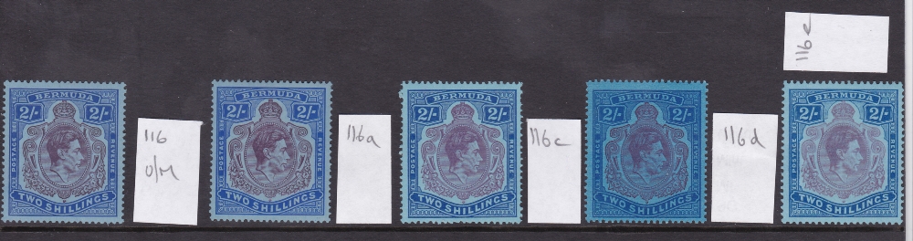 BERMUDA STAMPS : 1938-53 GVI 2/- shades, lightly M/M or U/M, SG 116, a, c, d & e. Cat £499.