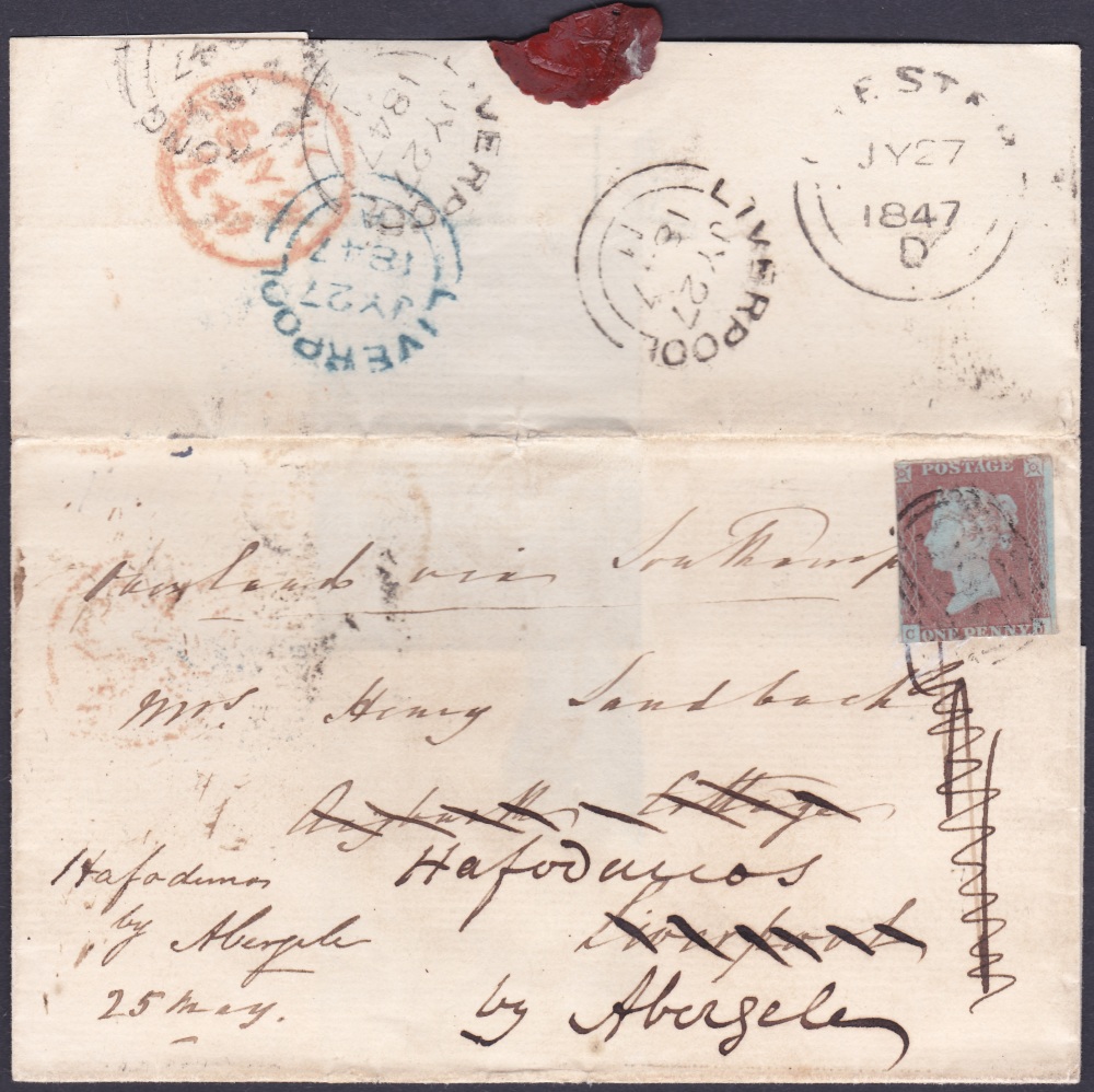 GREAT BRITAIN POSTAL HISTORY. 1847 redirected cover from HONG KONG to Liverpool then redirected to