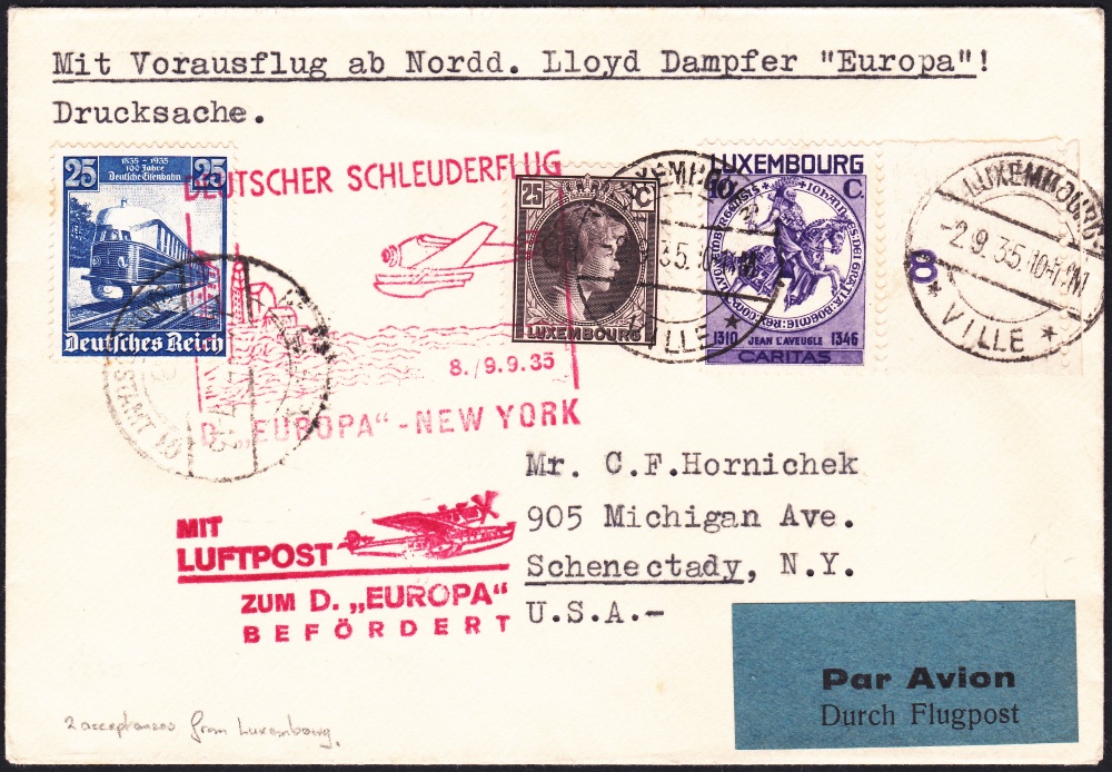 CATAPULT, 1935 8th June, cover with Luxembourg & German double franking forwarded via Koln to