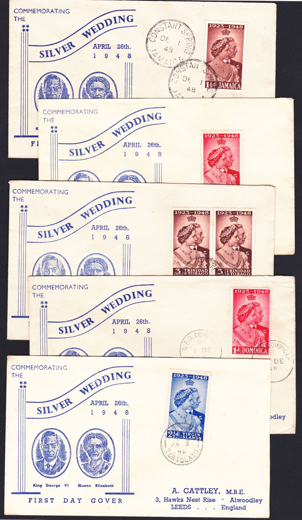 COMMONWEALTH FIRST DAY COVERS, 1948 SIlver Wedding FDC`s. Small selection of 5 illustrated covers