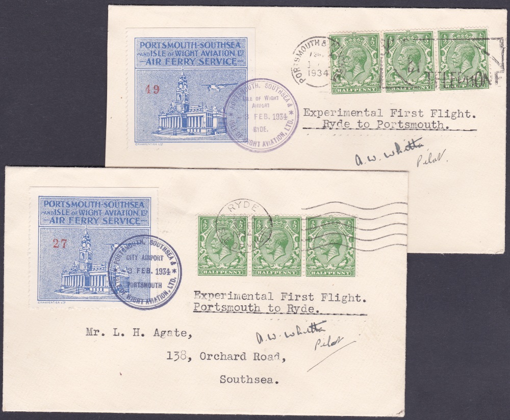 GREAT BRITAIN, Portsmouth, Southsea & Isle of Wight Aviation Ltd. 1934 3rd Feb - pair of covers