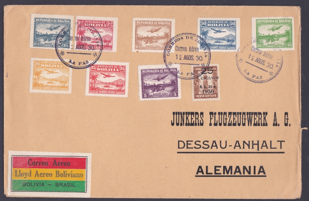 BOLIVIA, 1930 airmail cover to Germany via Brazil with Air stamps, 12th August 1930.