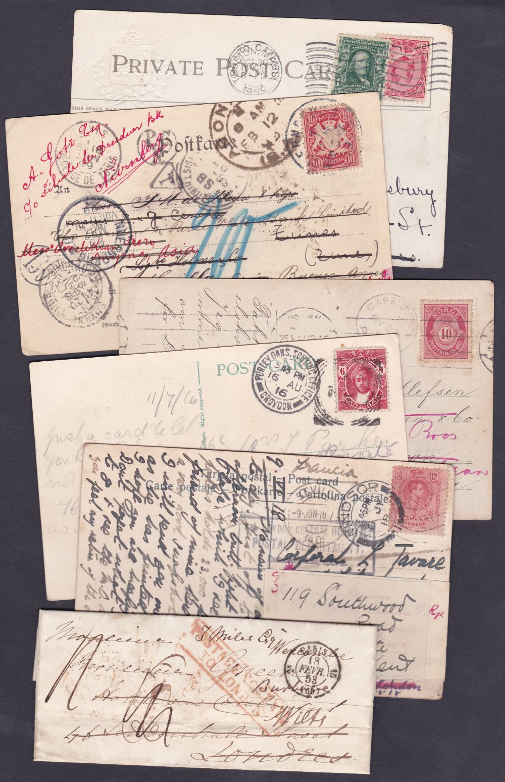 POSTAL HISTORY, RE-DIRECTED MAIL, selection of foreign mail with re-direction marks 1853 - 1916 (6