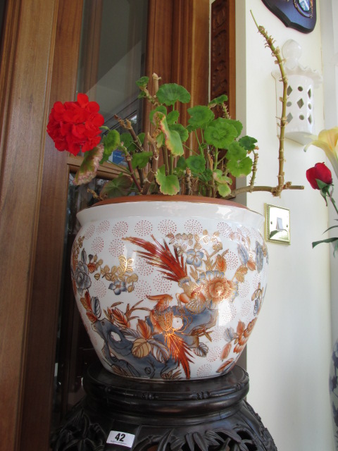Oriental Ceramic Plant Pot with Avian Decoration 11 Inches High