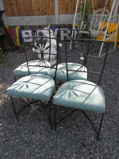 Set of Four Wrought Iron Garden or Conservatory Chairs with Sheaf of Wheat Motif Decoration and