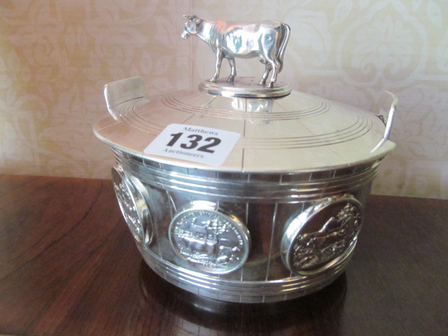 Rare Irish Commissioned Antique Solid Silver Butter Dish with Dairy Cow Motif Decorated Cover above