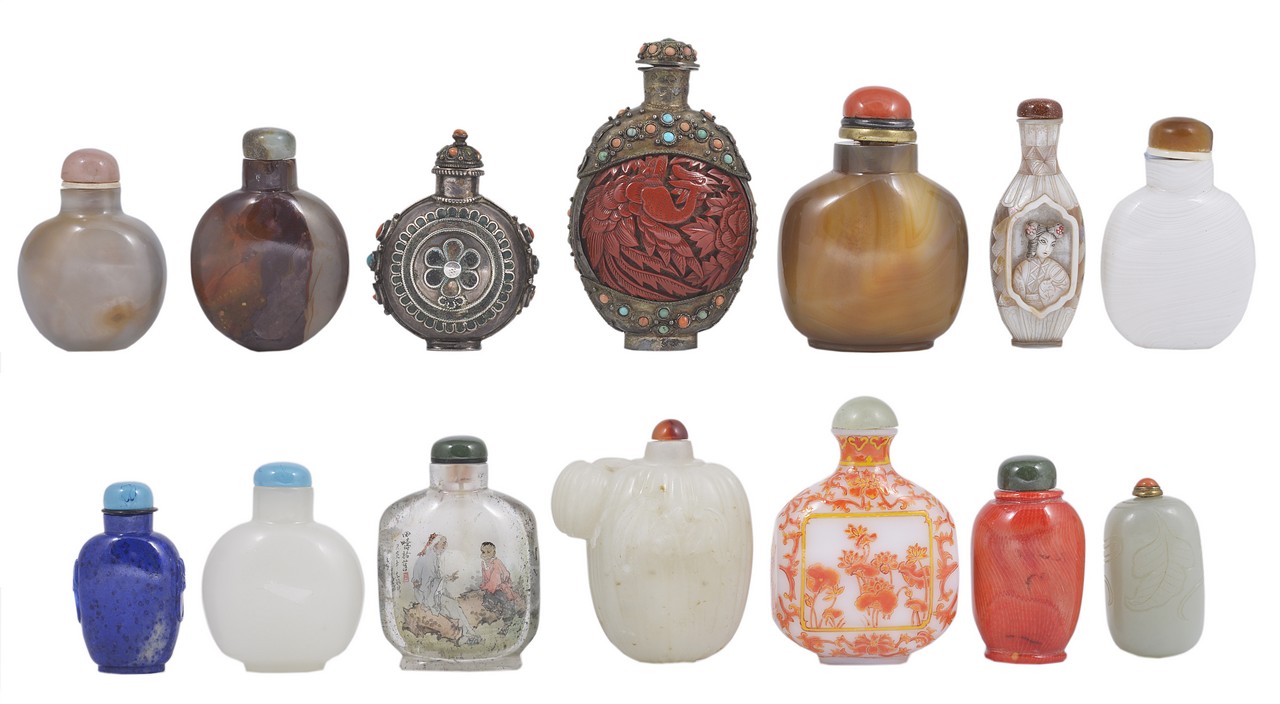 A GROUP OF FOURTEEN CHINESE SNUFF BOTTLES, 18TH - 20TH CENTURY comprising: an inside painted rock