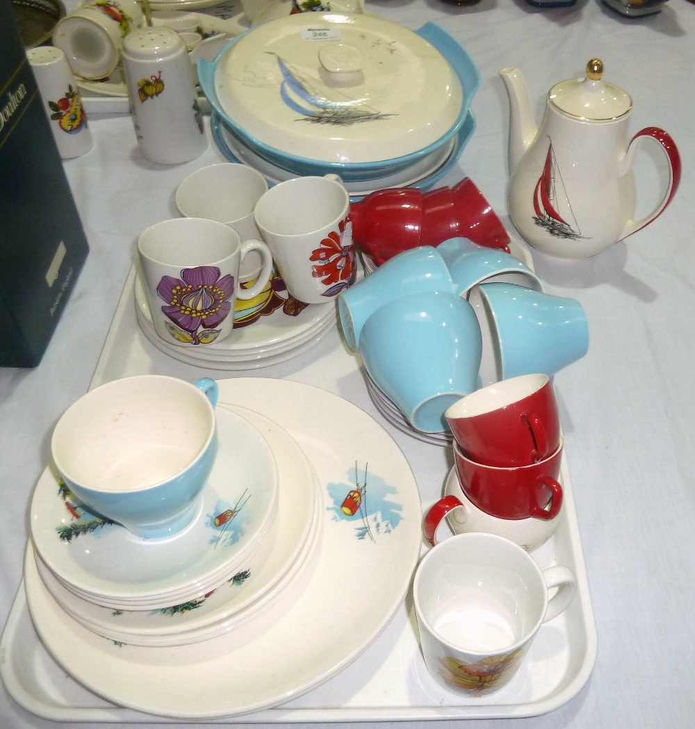 A 1950`s Palissy Red Regatta part tea service; 2 Palissy Blue Regatta tureens; a Crown Clarence