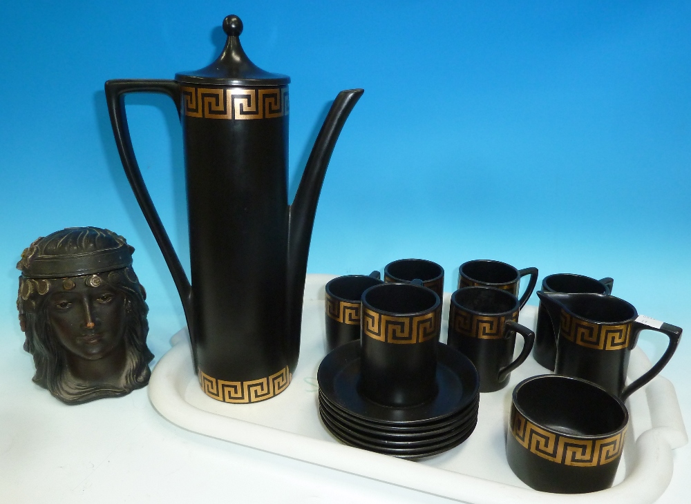 A Portmeirion black and gilt Greek key pattern 15 piece coffee set; a 19th century painted