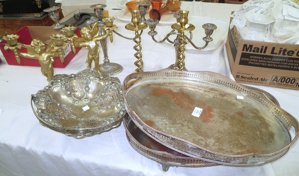 An Adam style silver plated 3-branch candelabrum; and another; 2 oval silver plated gallery trays;