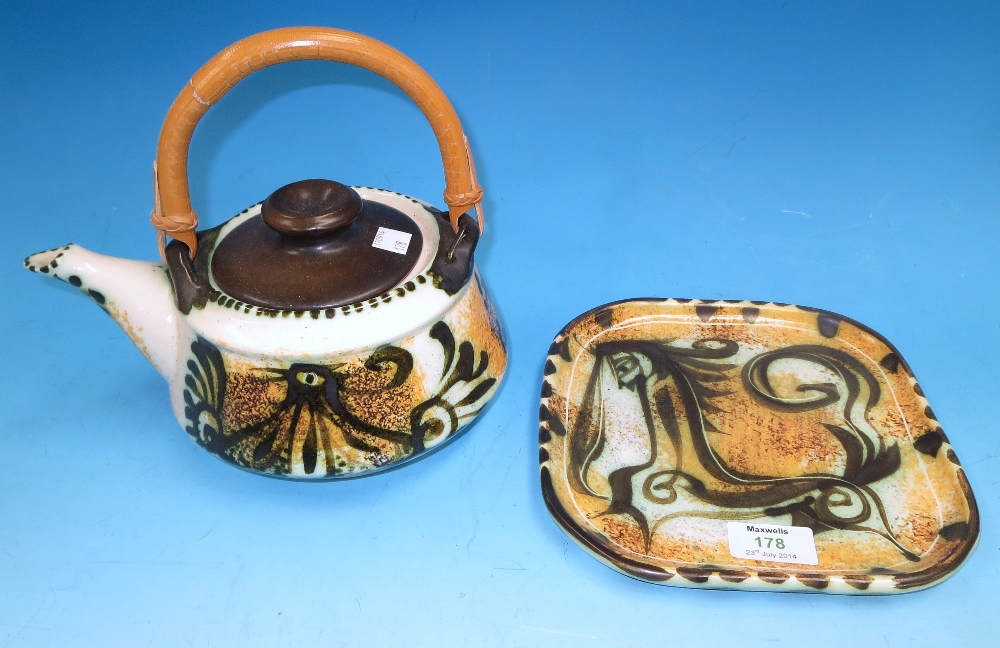 A Celtic Pottery teapot and plate designed by Bill Fisher