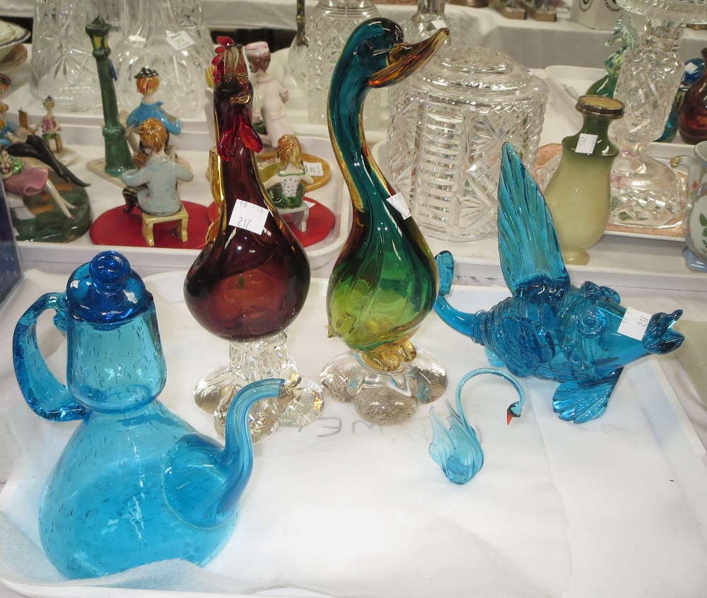 Two Murano birds and other coloured glass; paperweights; etc.