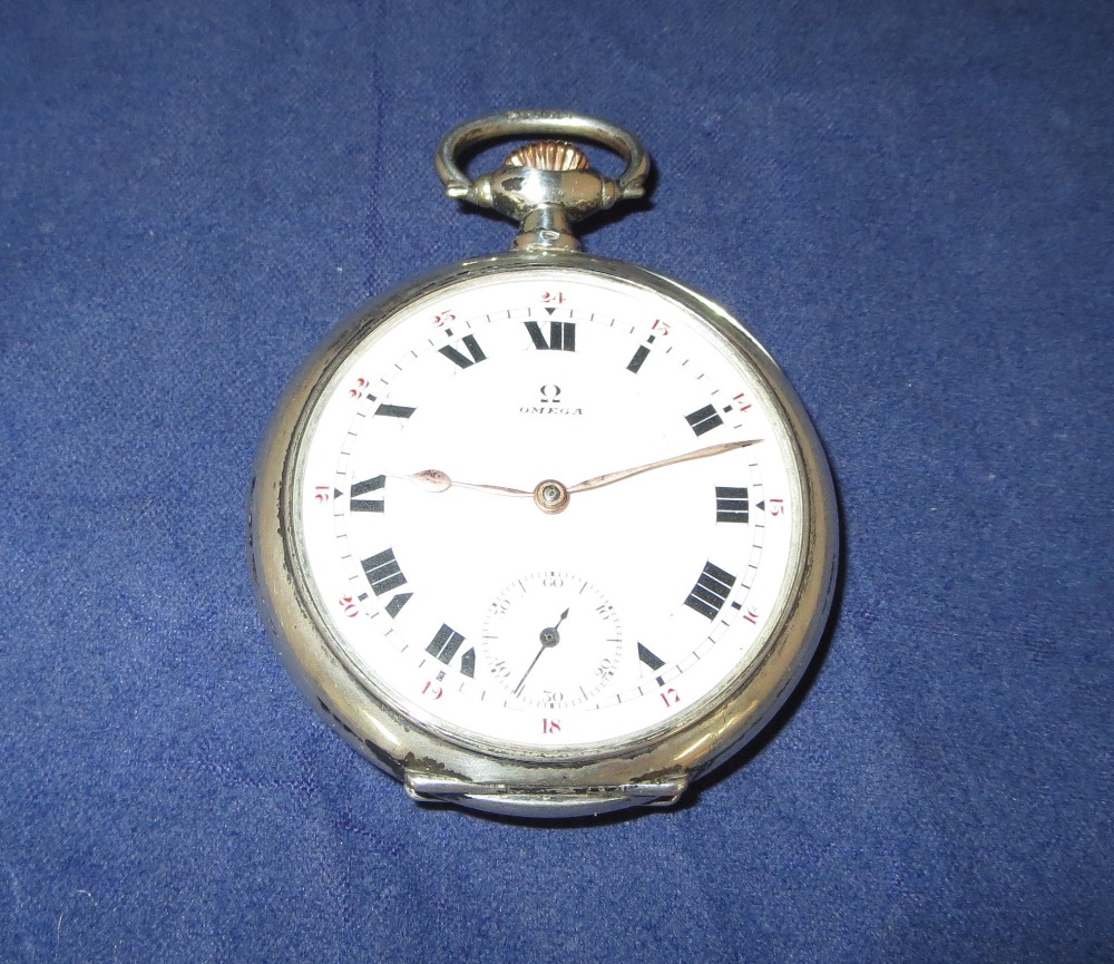 An Omega silver cased pocket watch, Roman numerals with red subsidiary numbers