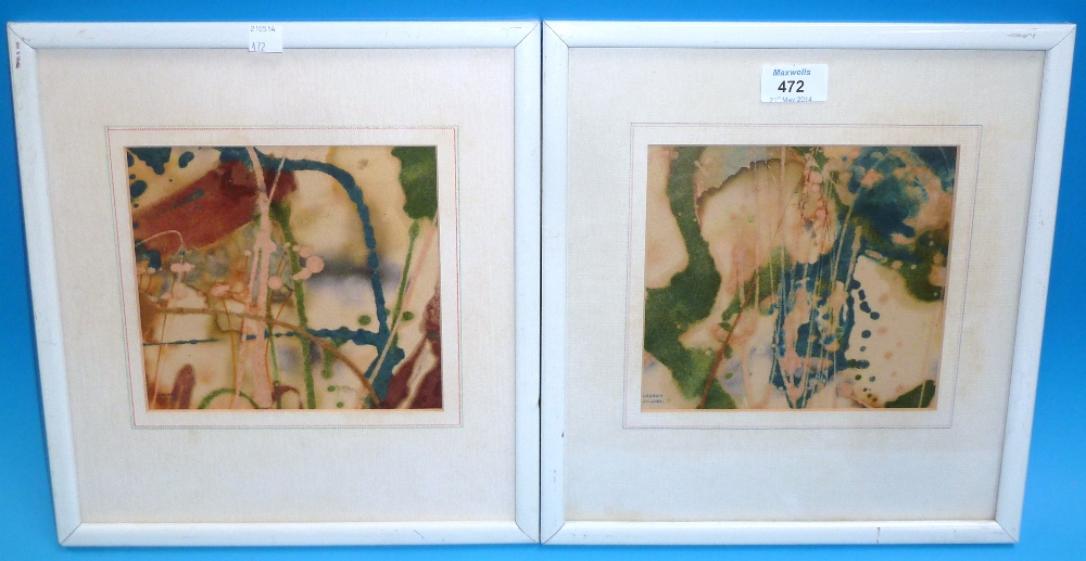 20th Century South African: Cherry Viljoen, pair of abstract paintings on woven paper, signed, 6½""