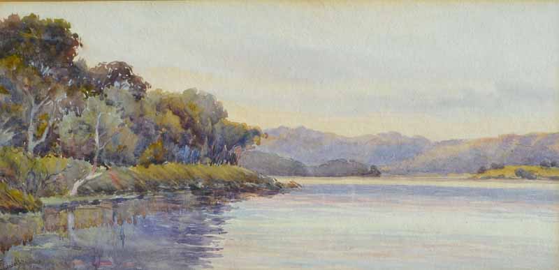 Flora Landells 1889 - 1981 Lake Scene Watercolour Signed lower left 17 x 34cm