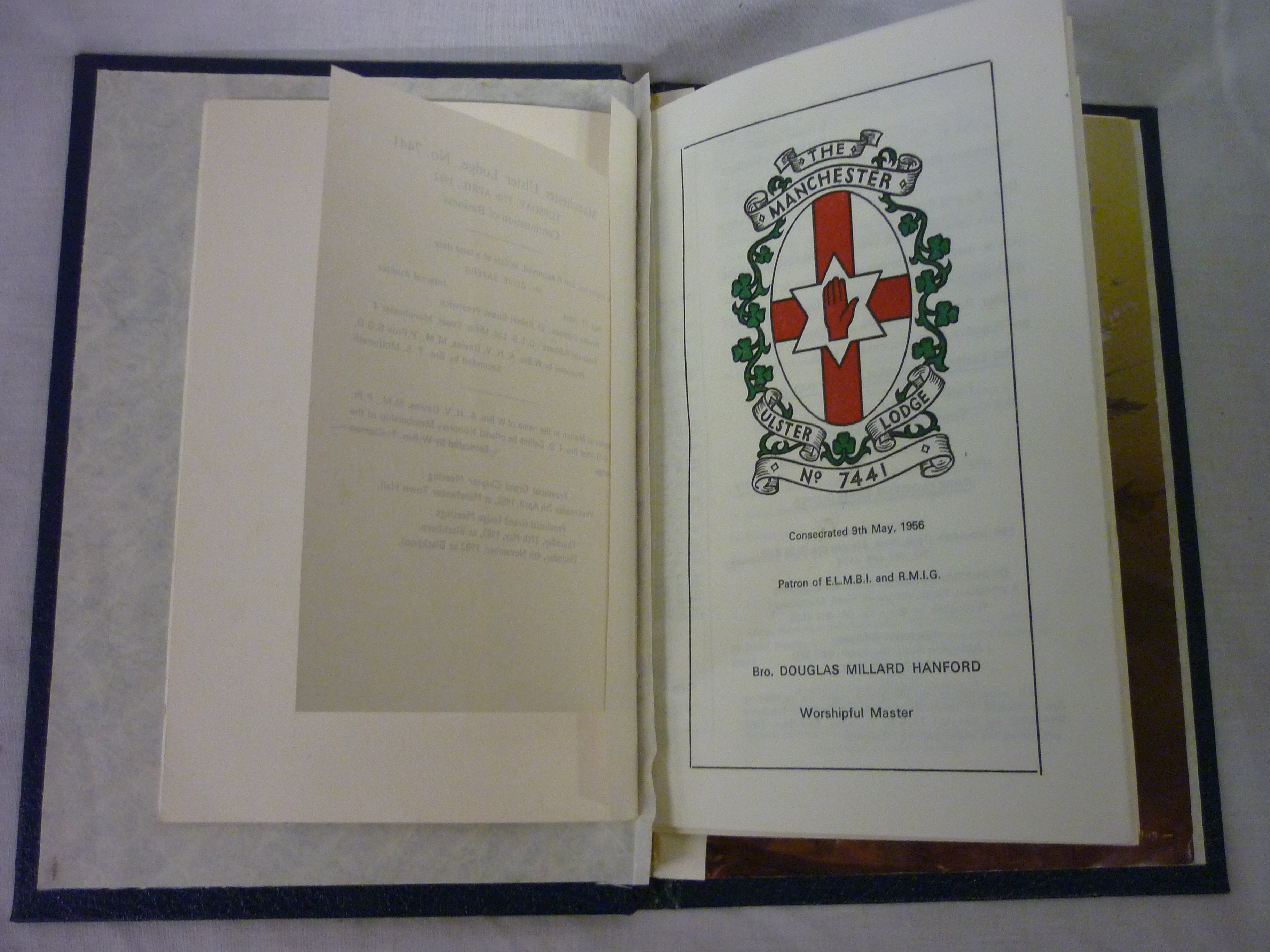 Masonic Manchester Ulster lodge No. 7441 installation of member Hanford, signed by all members