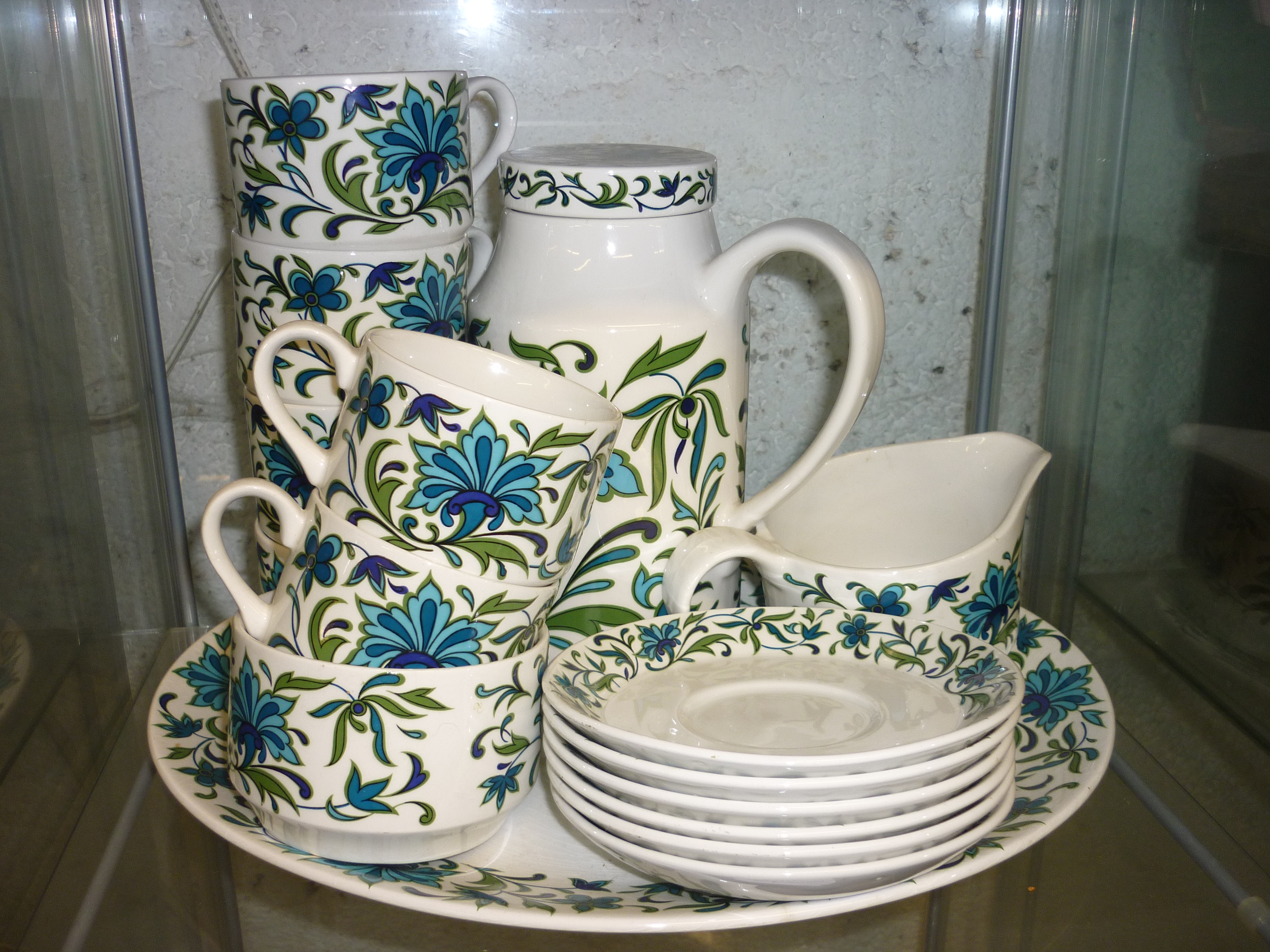 Retro Spanish Garden Midwinter Staffordshire coffee set designed by Jessie Tait incl. coffee pot,