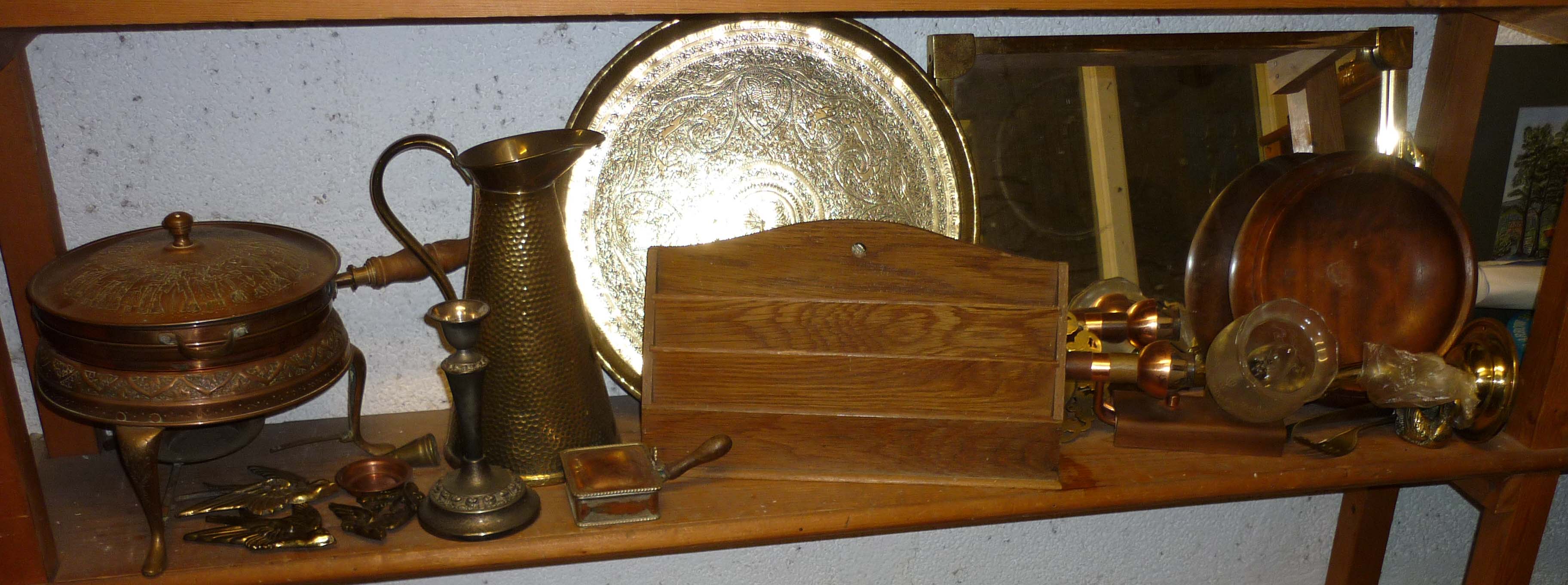 "Shelf mainly brassware incl. trays, lamps, oak stationary rack, copper embossed fondue set"