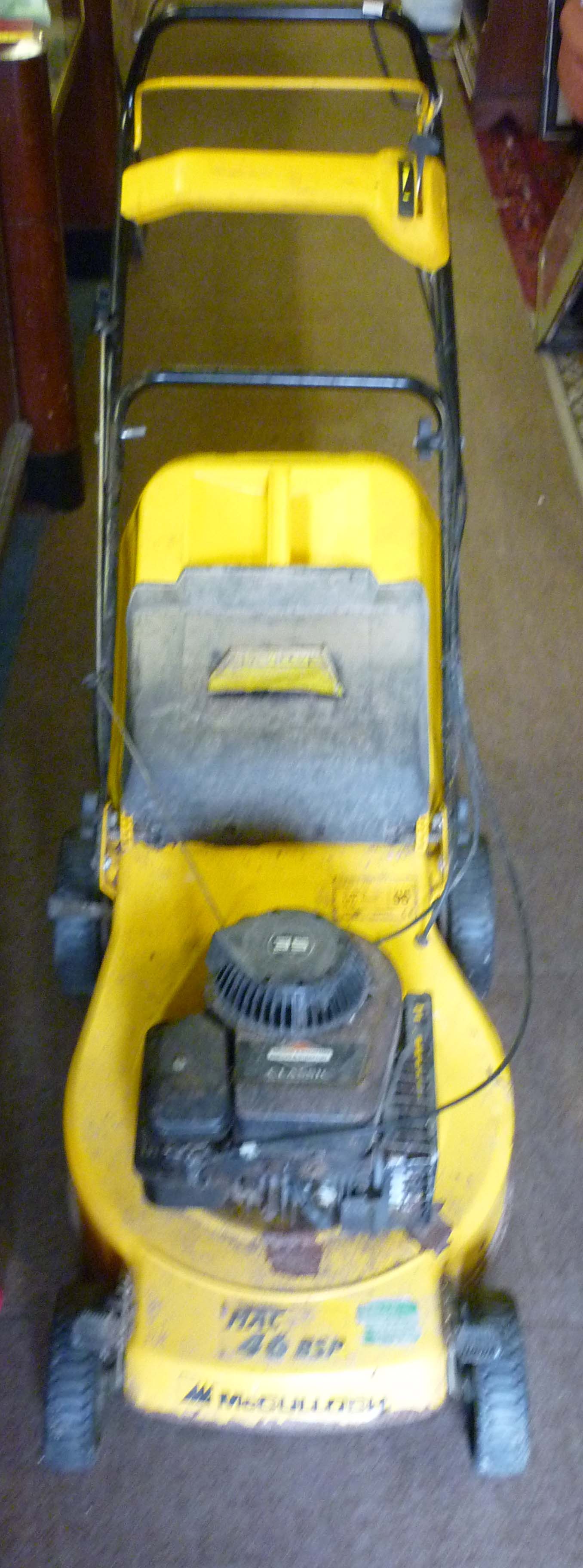 Briggs & Stratton classic yellow self propelling petrol lawnmower MAC46BSP McCulloch with hood