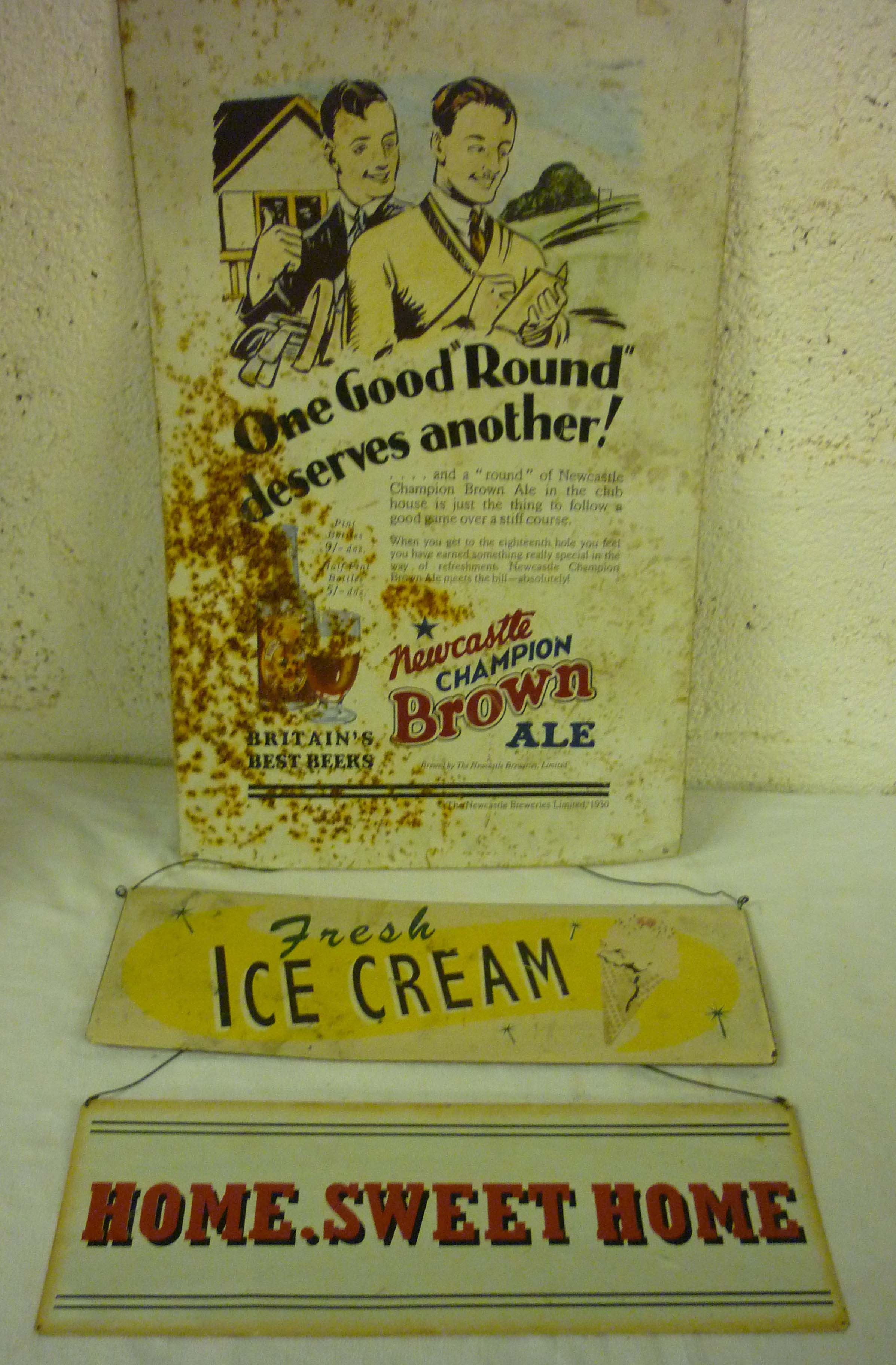 Set three vintage tinplate advertising signs; brown ale, ice cream