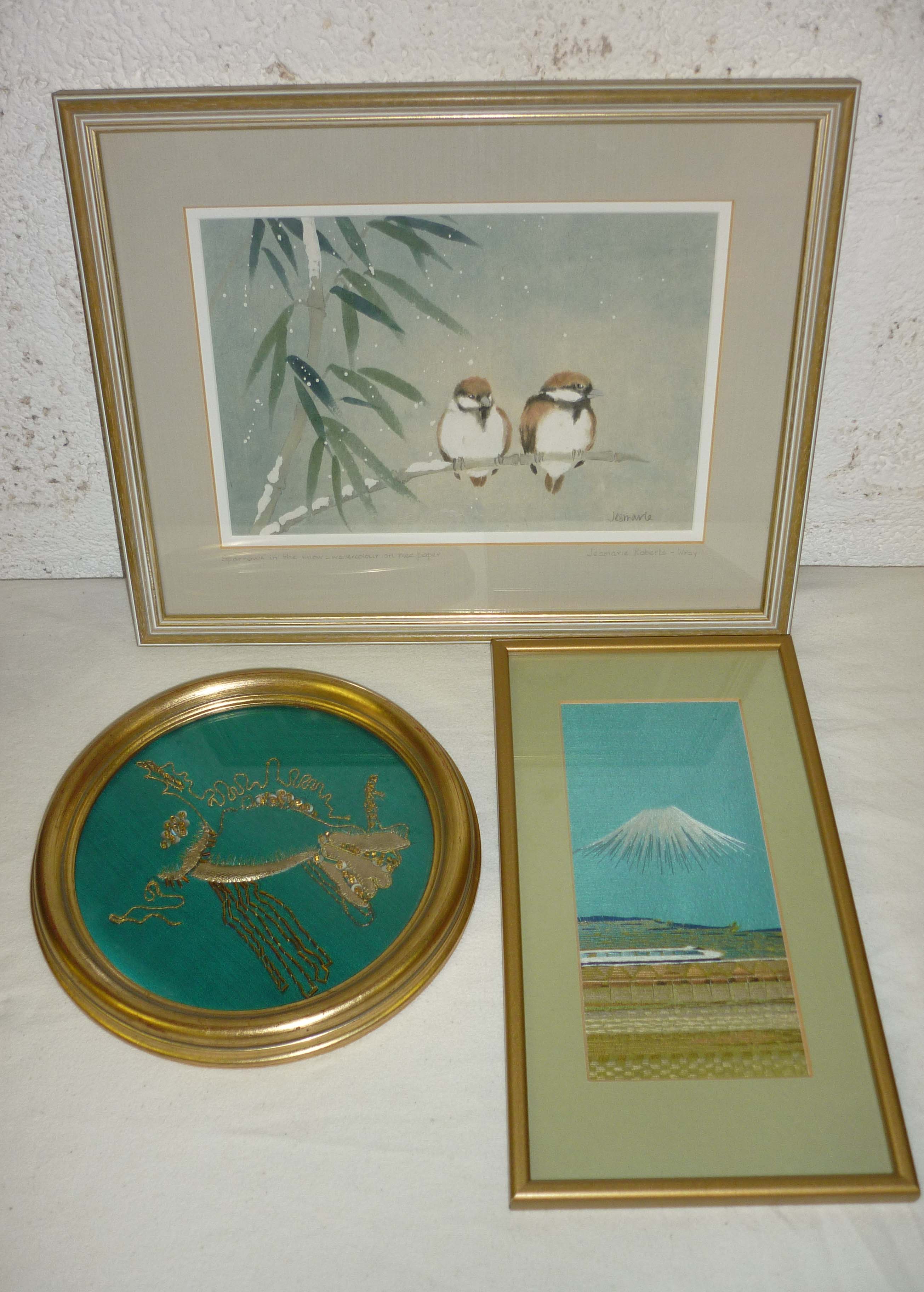 Framed sparrows in the snow watercolour on rice paper by Jesmarie Roberts-Wray plus two