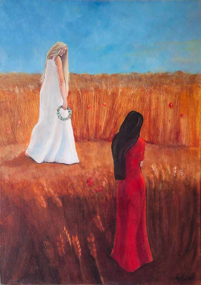 Yvonne Taylor `Persephone and Demeter` Acrylic on Canvas 50cm x 70cm signed and unframed