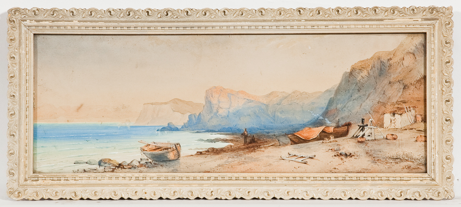 BRITISH SCHOOL (LATE 19TH CENTURY), THE BOATYARD watercolour on paper, signed with a monogram (