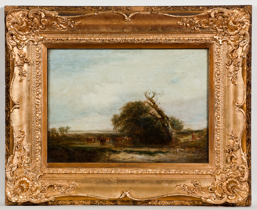 19TH CENTURY BRITISH SCHOOL, CATTLE FORDING oil on canvas, frame baring name J Milne Donald 37cm x