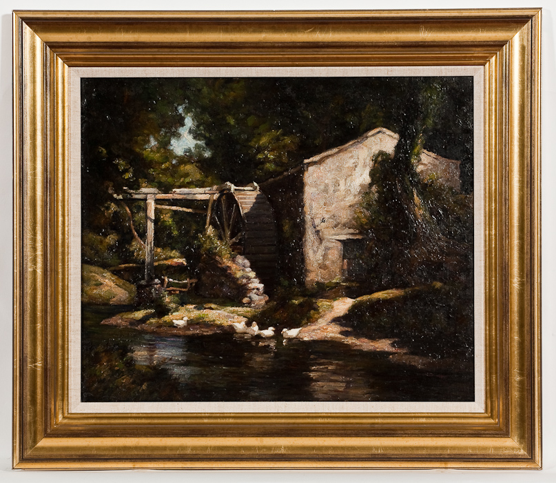 20TH-CENTURY BRITISH SCHOOL, GEESE BY A WATER WHEEL oil on canvas, signed indistinctly (lower left)