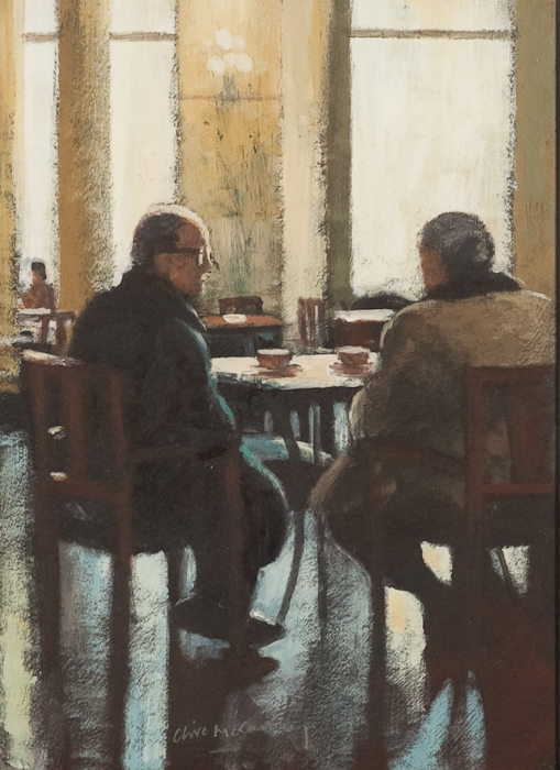 * CLIVE MCCARTNEY, CAFE OPERA acrylic on board, signed 28cm x 21cm Framed and under glass  Label - Image 2 of 2