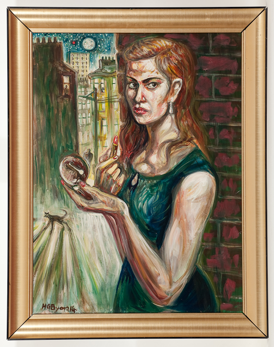 HUGH GERARD BYARS, LADY WITH A LIPSTICK oil on board, signed and dated '14 80cm x 60cm Framed