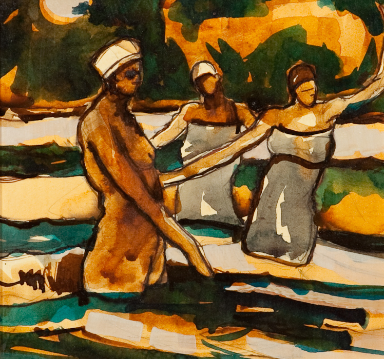 * JAMIE O'DEA, BATHERS IN THE MED mixed media on card 19cmx 19cm Framed - Image 2 of 2