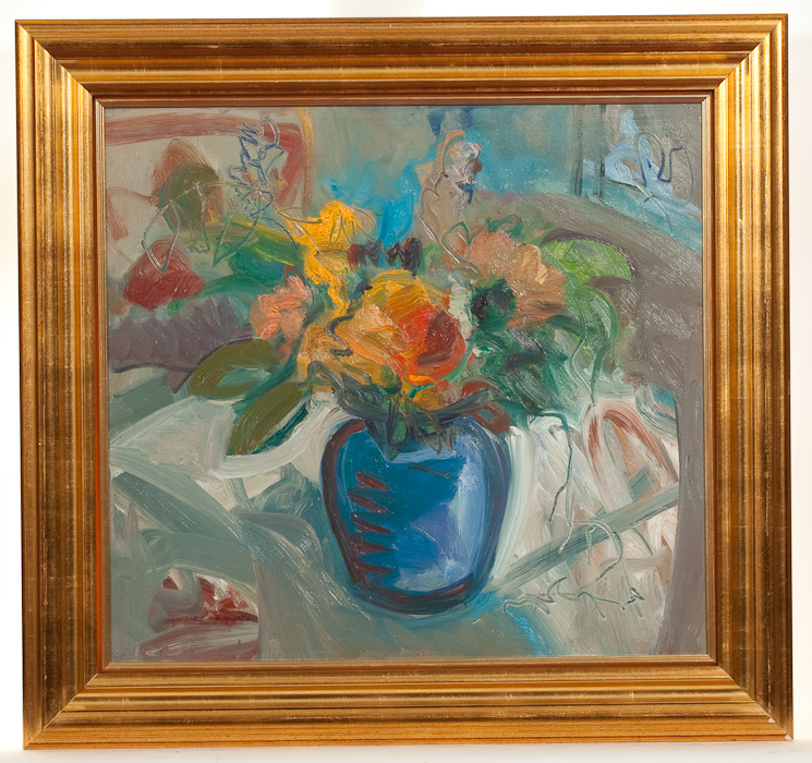 * IRENE LESLEY MAIN, MIXED BUNCH IN A BLUE VASE oil on board, signed and dated 1992 65cm x 70cm