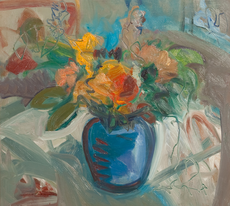 * IRENE LESLEY MAIN, MIXED BUNCH IN A BLUE VASE oil on board, signed and dated 1992 65cm x 70cm - Image 2 of 2