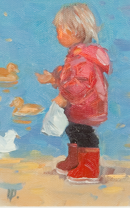 * LIN PATTULLO, FEEDING THE DUCKS acrylic on canvas, signed with initials 14cm x 9cm Framed and - Image 2 of 2