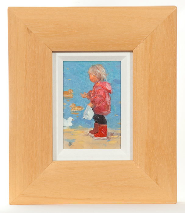 * LIN PATTULLO, FEEDING THE DUCKS acrylic on canvas, signed with initials 14cm x 9cm Framed and