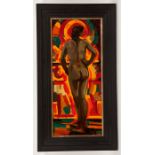 * JAMIE O'DEA, NUDE AT A STAINED GLASS WINDOW oil on card, signed 57cm x 24cm Framed