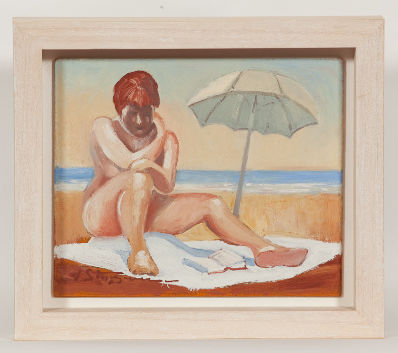 J.C. STURGEON, READING ON THE BEACH acrylic on board, signed 18cm x 21.5cm Framed