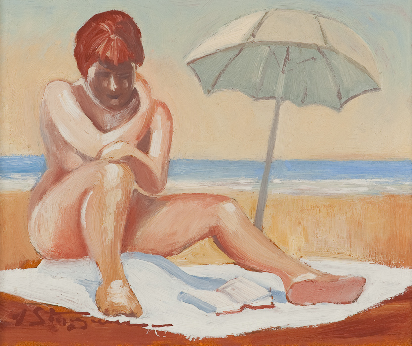 J.C. STURGEON, READING ON THE BEACH acrylic on board, signed 18cm x 21.5cm Framed - Image 2 of 2