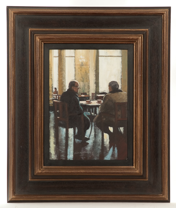 * CLIVE MCCARTNEY, CAFE OPERA acrylic on board, signed 28cm x 21cm Framed and under glass  Label